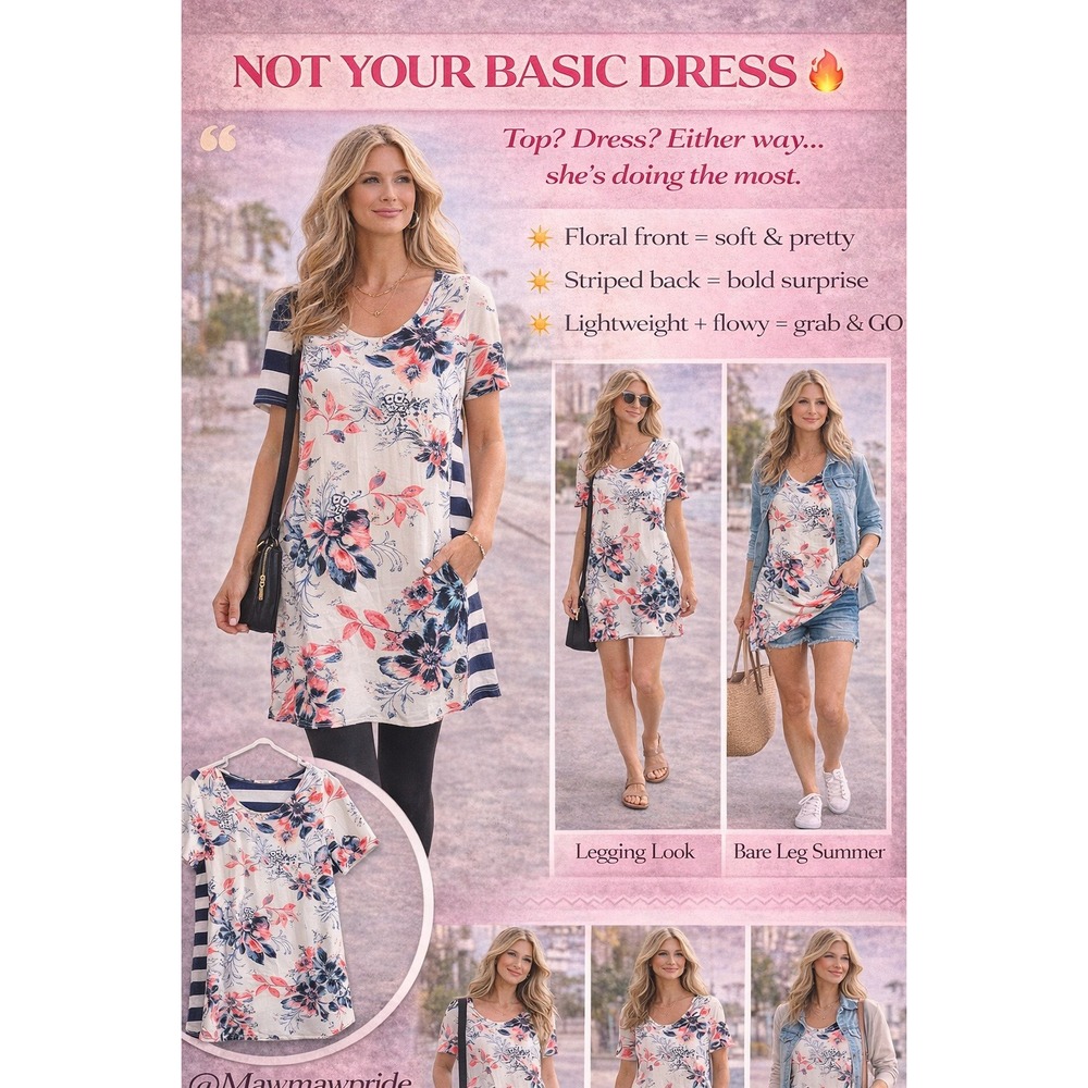12PM by Mon Ami Women Floral Stripe Mixed Media Short‎ Sleeve Shift Dress Navy